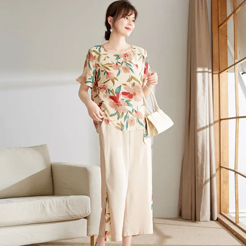 2 pieces women sets 2026 new summer elegant short-sleeved floral blouse+seven-inch wide-leg pants sets women's clothing