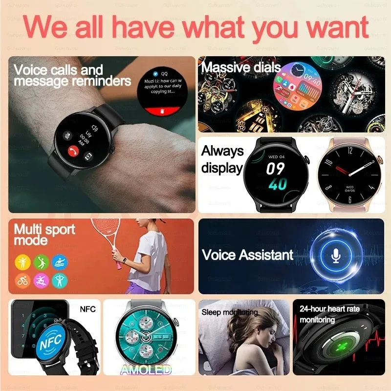 ساعة ذكية للنساء NFC AMOLED شاشة الأكسجين في الدم GPS المسار الساعات الرياضية مساعد صوتي دعوة مخصص الاتصال الهاتفي ساعة ذكية رجل إمرأة