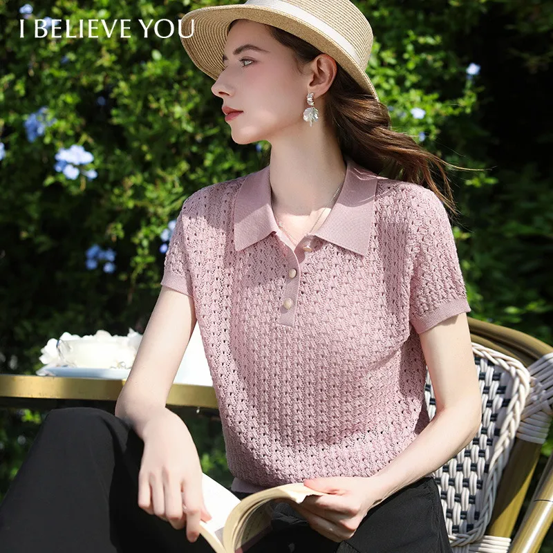 I BELIEVE YOU Short-Sleeved  Polo Collar Knit T-shirt 2026 Spring New Plaid Hollow-out Loose Gentle Tops for Women 2261146256