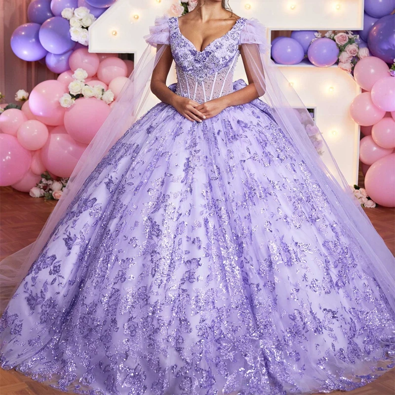 

Lavender Shiny Quinceanera Dresses Off Shoulder Vestidos De 15 Años With Cape Sequin Applique Bow Beads Tull Formal Birthday