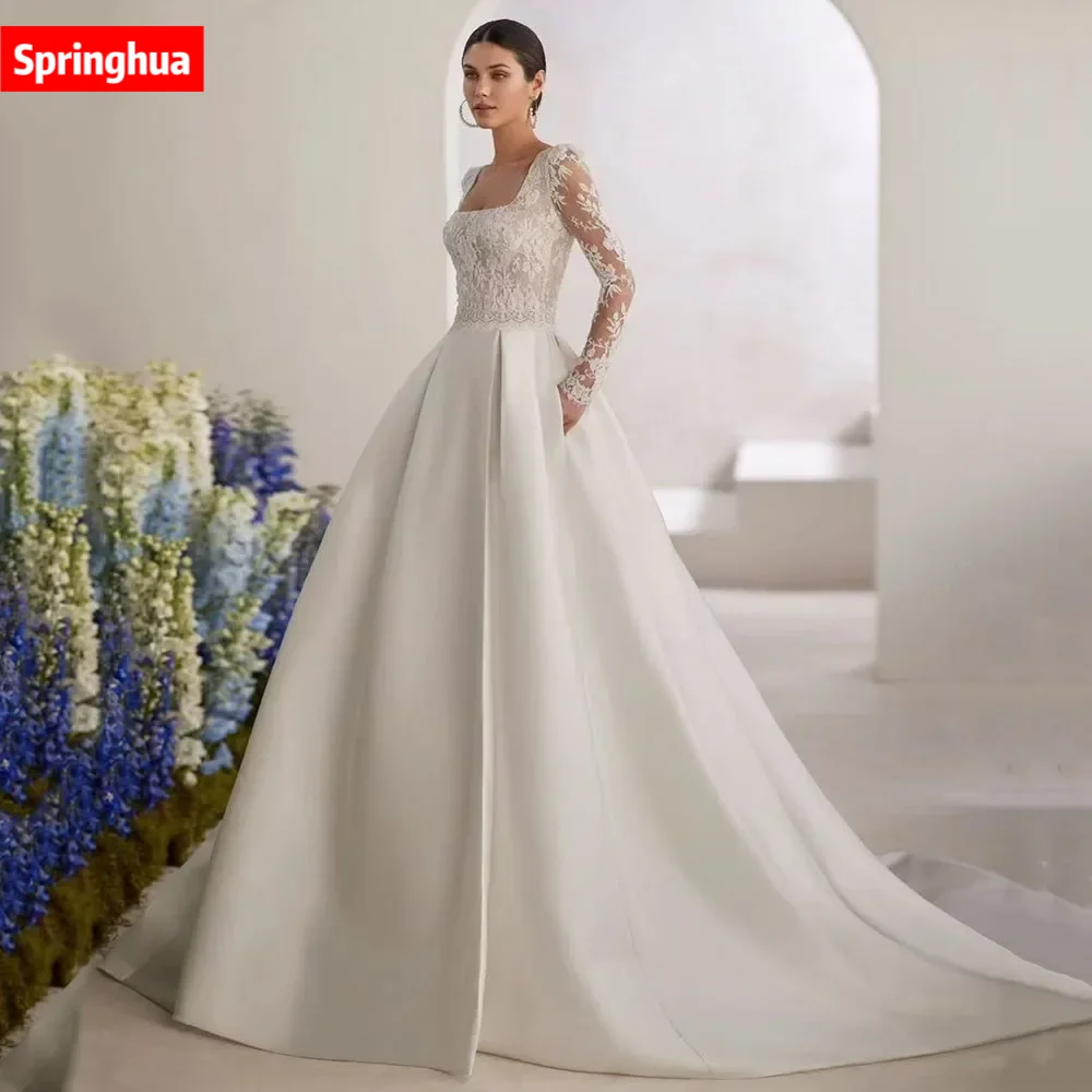 

Customized ModestLace A-line Satin Wedding Dress Long Sleeve Women Princess Brides Wedding Gown Vestidos De Novia