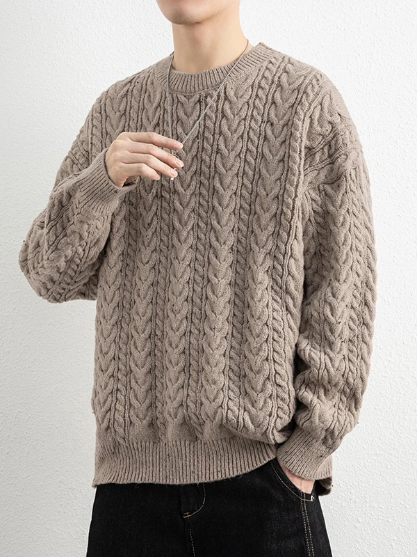 

Мужской повседневный вязаный свитер с узором «косы», свободного кроя, с круглым вырезом, зимний, однотонный, винтажный, с длинными рукавами