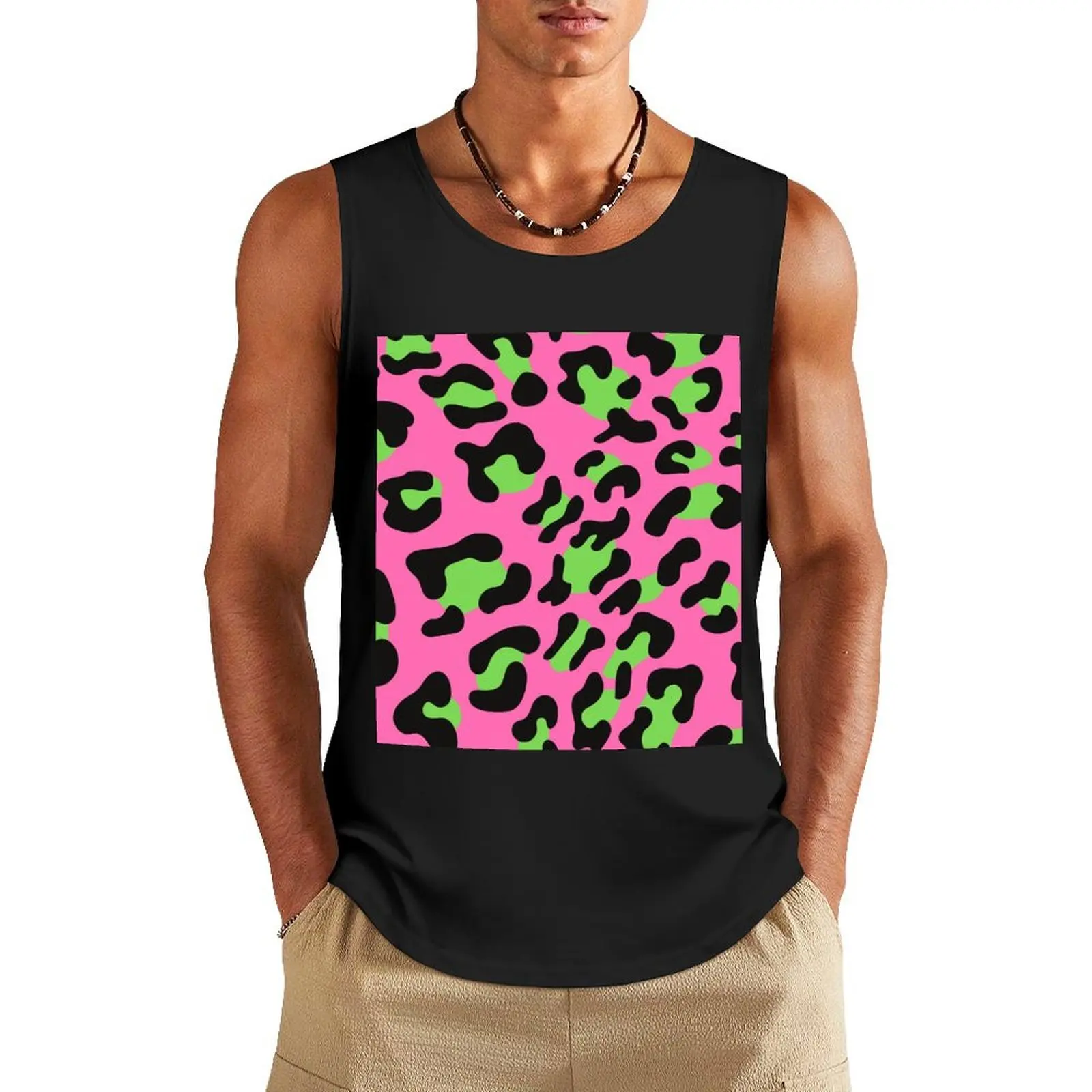 

Pink and Green Leopard Print Tank Top Men's gym clothing mens gym clothes Muscle fit Men's t-shirts