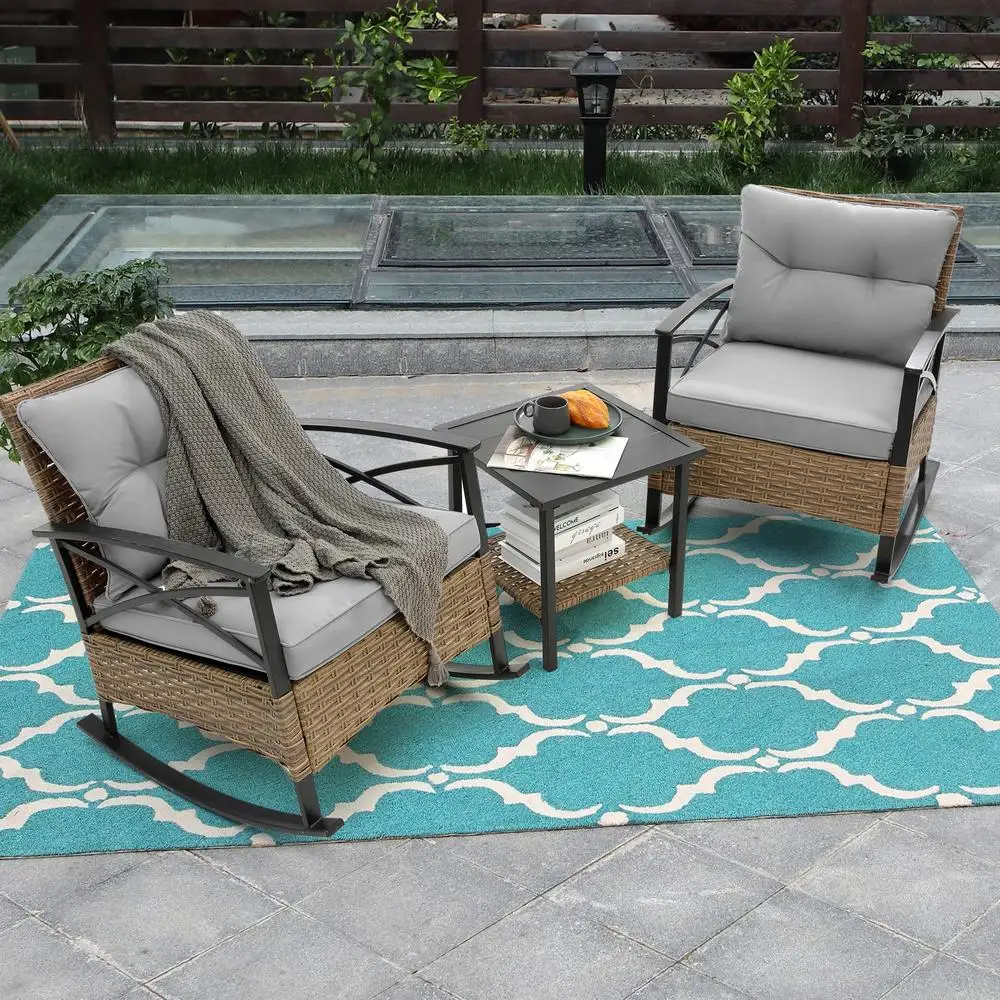 3pcs Grey Rattan Rocking Chair Set Outdoor Leisure Furniture with Steel Table for Garden Patio Porch