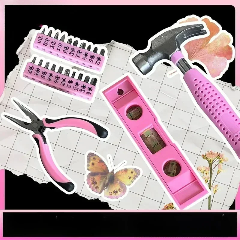 Pink Household Tool Box Set for Women with Hammer and Charging Lithium Battery Screwdriver,lady Home Repair Tools Set with Case