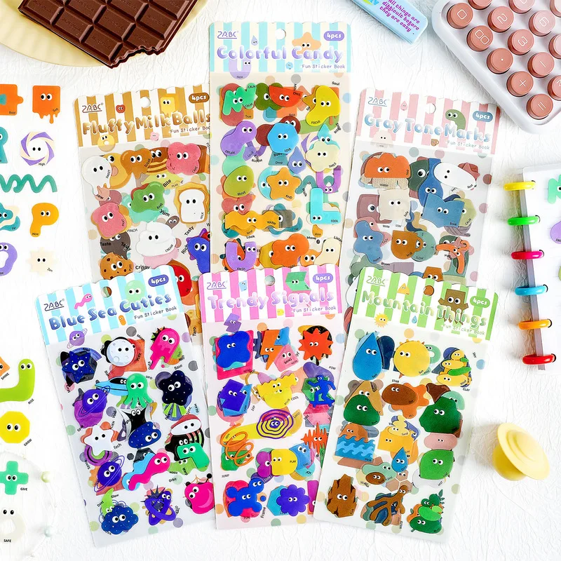 4Pcs PET Colorful Candy Cute Monster Stickers, Kawaii Cartoon Character Transparent Stickers for Junk Journal Scrapbooking