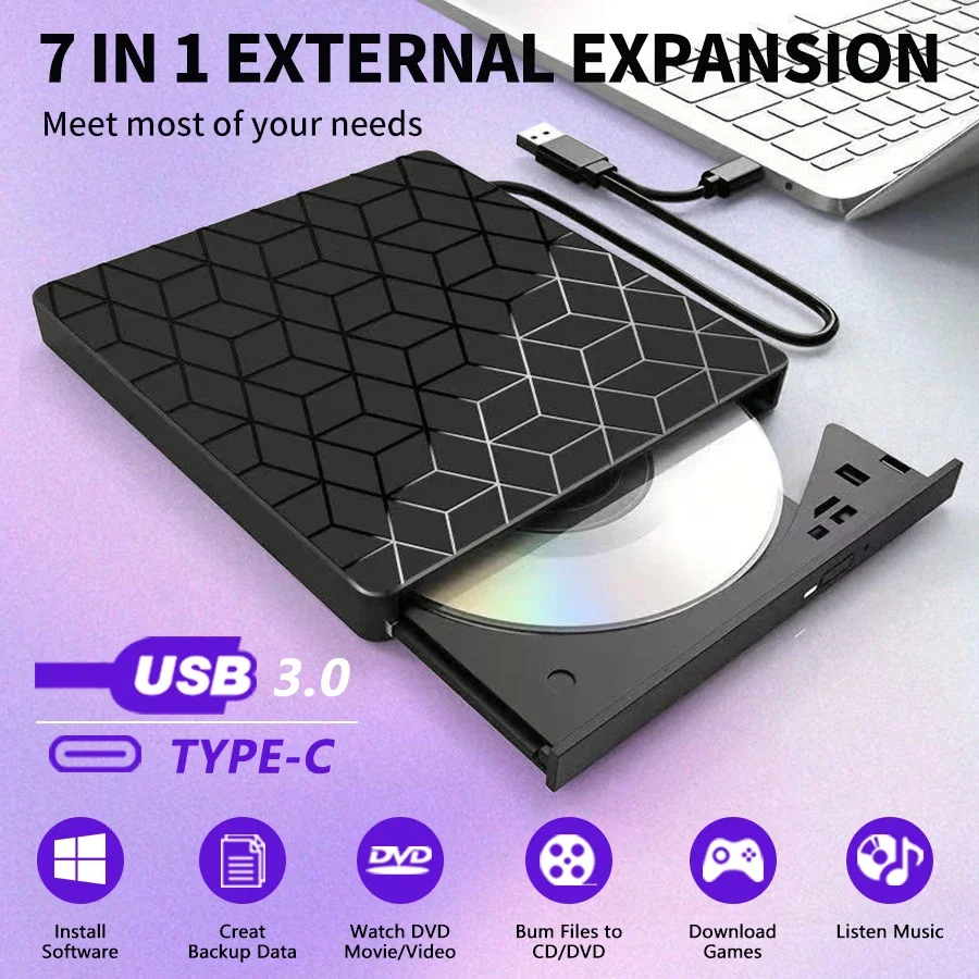 

7-в-1 USB 3.0 Type-c Внешний DVD-RW CD-привод считыватель-плеер Портативный оптический привод Внешний для ПК, ноутбука, настольного компьютера IMacs