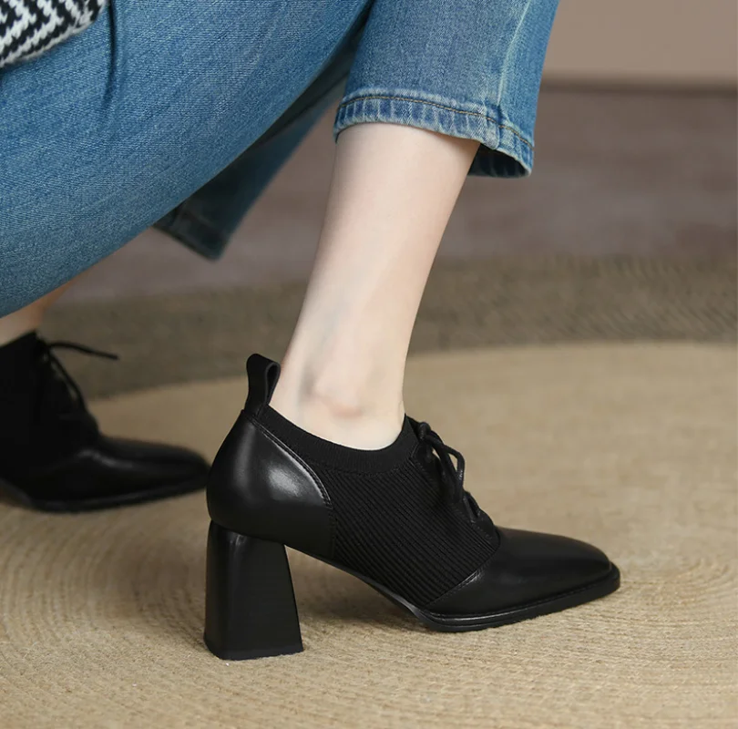 2022 Spring and Autumn Fashion High-heeled Shoes Women Thick Heel Stitching Knitted British Style Square Toe Women\'s Shoes