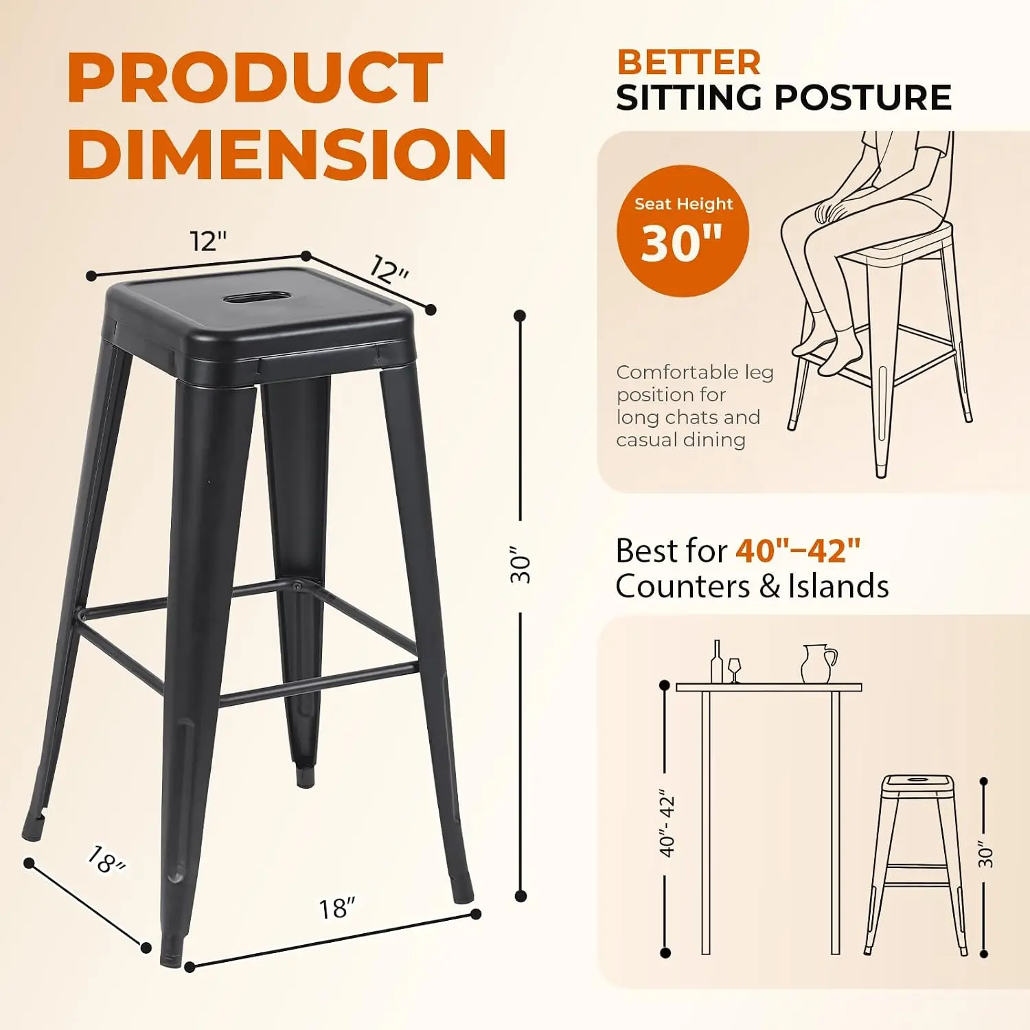 Midnight Black Metal Bar Stools Set Of 4, 30 Inch | Steel Bar Height Stools, Sturdy Industrial Stackable Barstools,, Customized