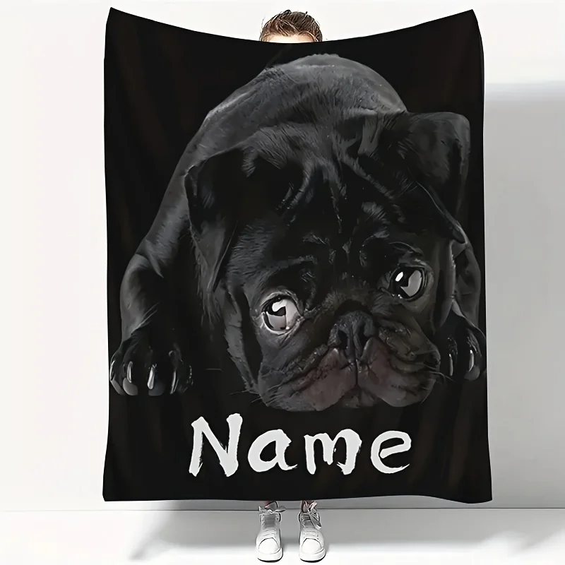 

Customized Pug patterned blanket with personalized name prints, soft, suitable for travel, camping and all-season use