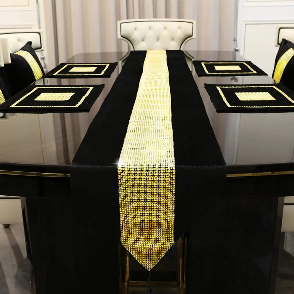 Gold Sequin Rhinestone Table Runner with Handmade Tassel for Wedding Party Birthday