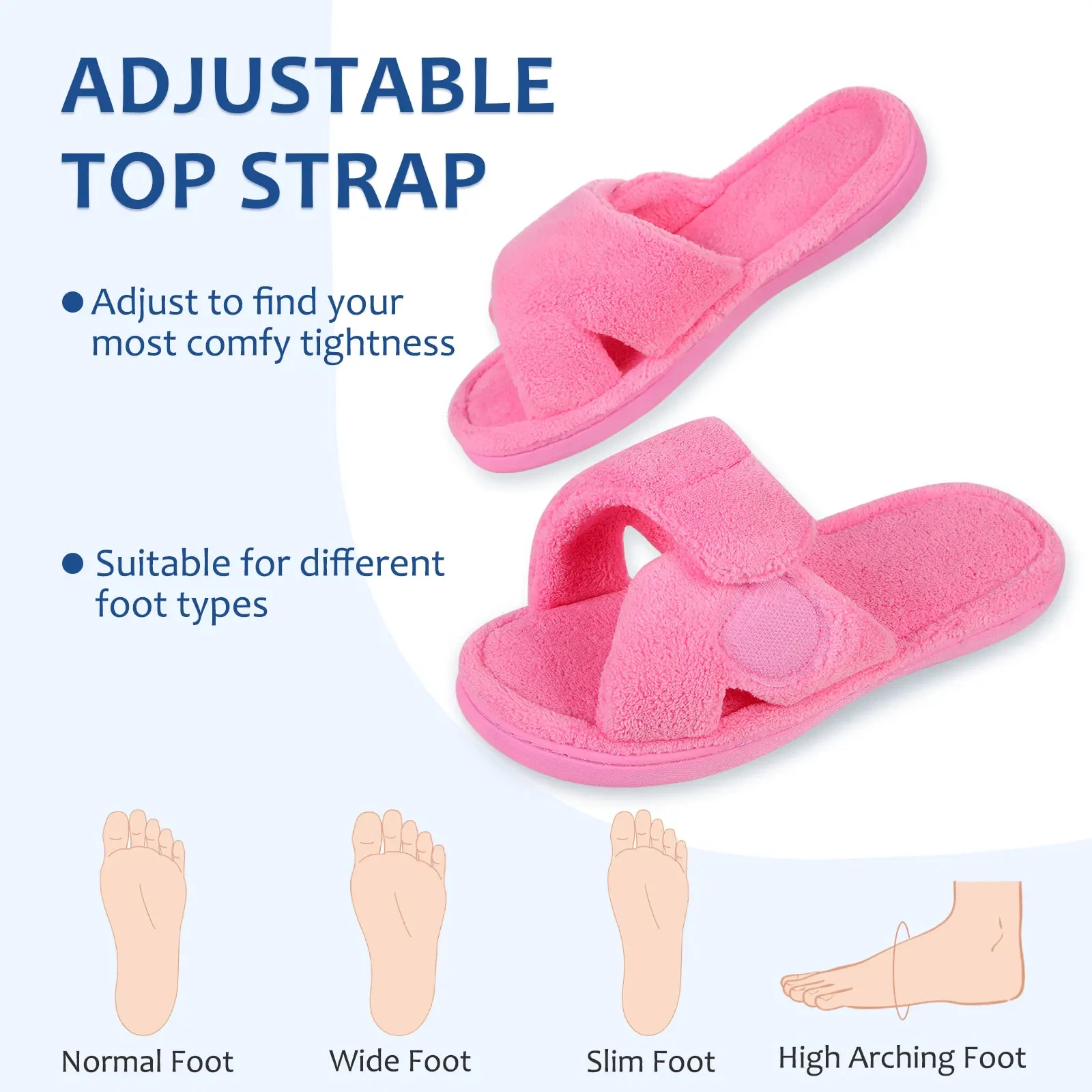 Shevalues Warm Women Cotton Slippers Memory Foam Female Slides Open Toe House Shoes Cozy Casual Anti-Slips Slippers Adjustable