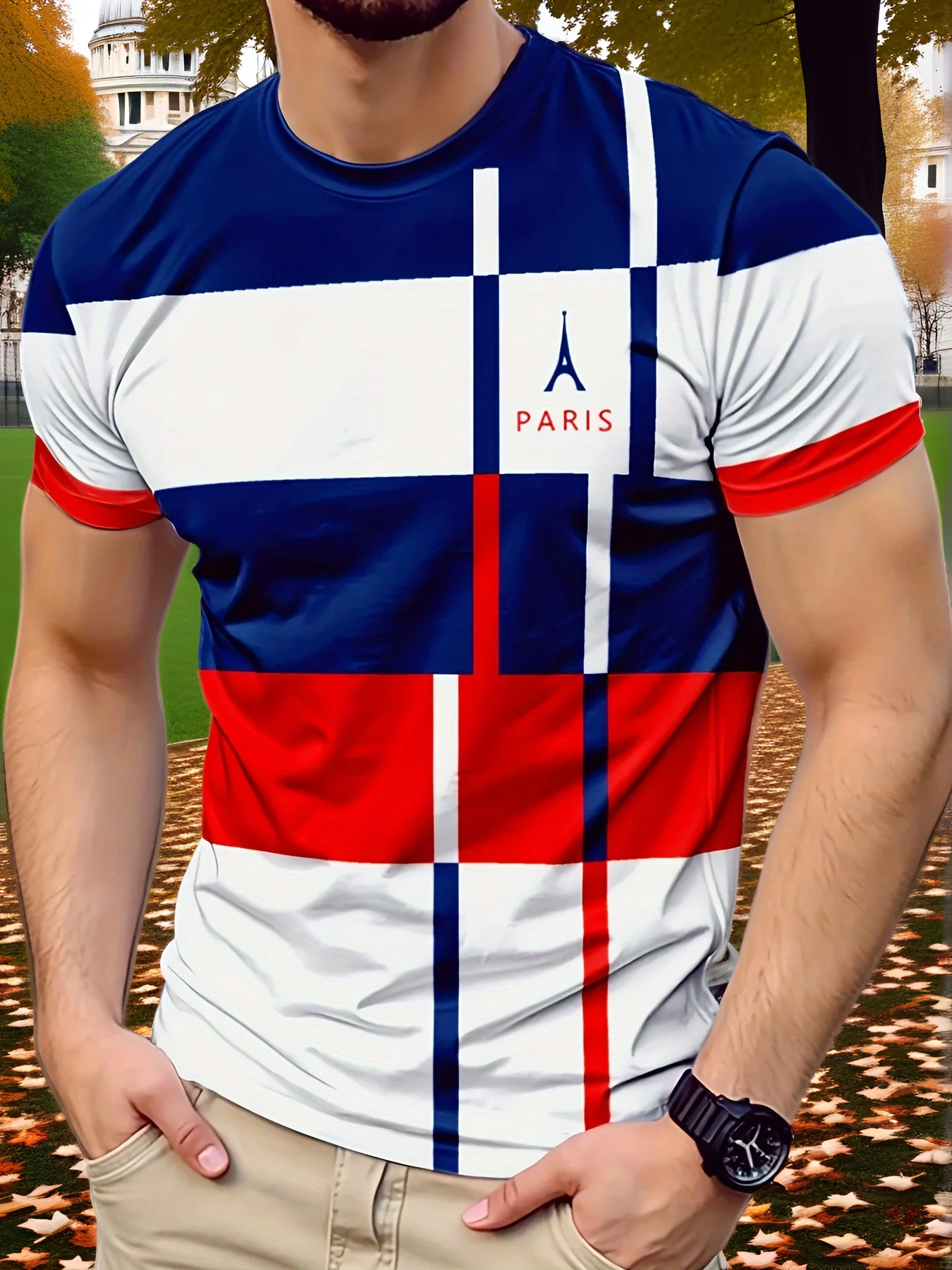 New men's short-sleeve T-shirt, loose-fitting and tailored with printed designs, versatile basic crew-neck top suitable for spri