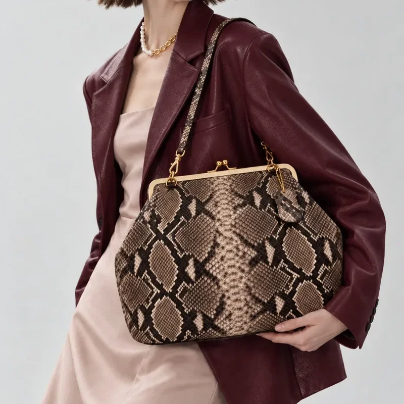 Retro Snake Print Clutch Bag with Kiss Lock Large Shoulder Handbag for Women Evening Party Daily Use