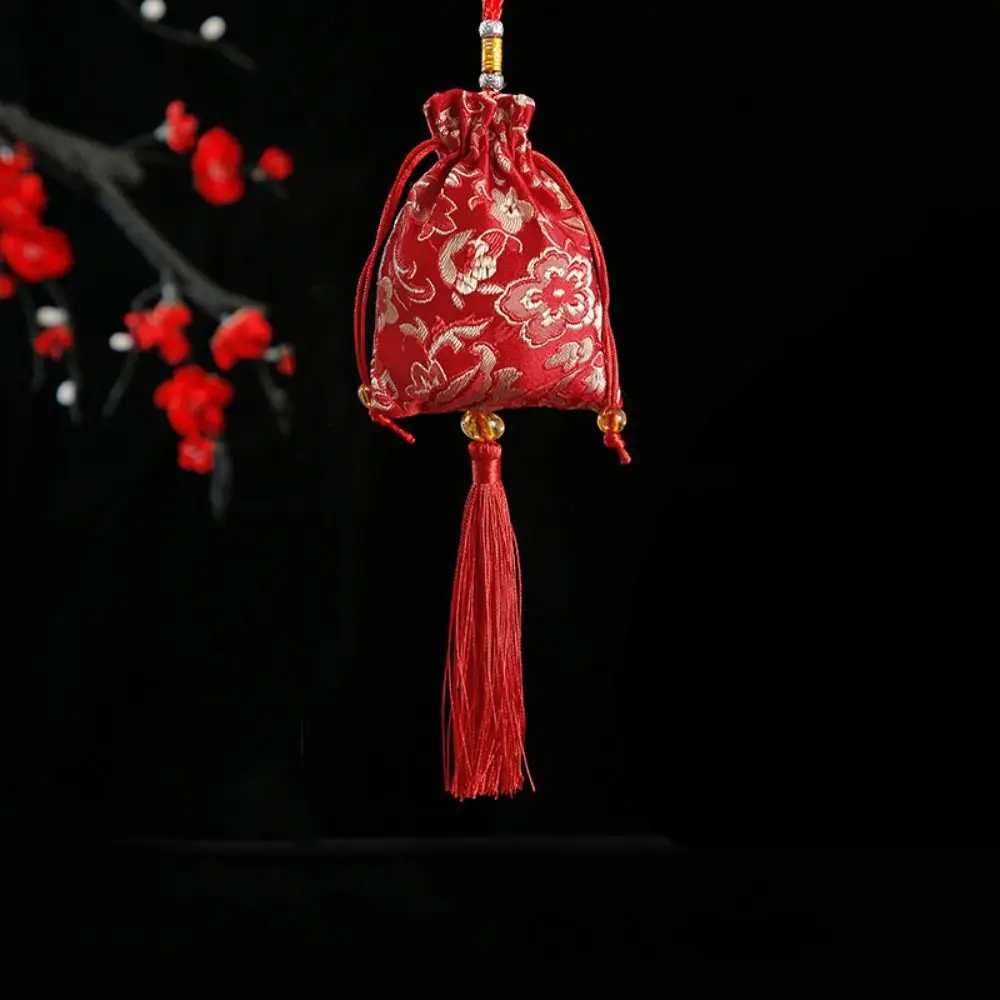 Embroidery Flower Tassel Drawstring Bag Beaded Floral Canvas Ethnic Flower Handbag Storage Bag Mini Coin Purse