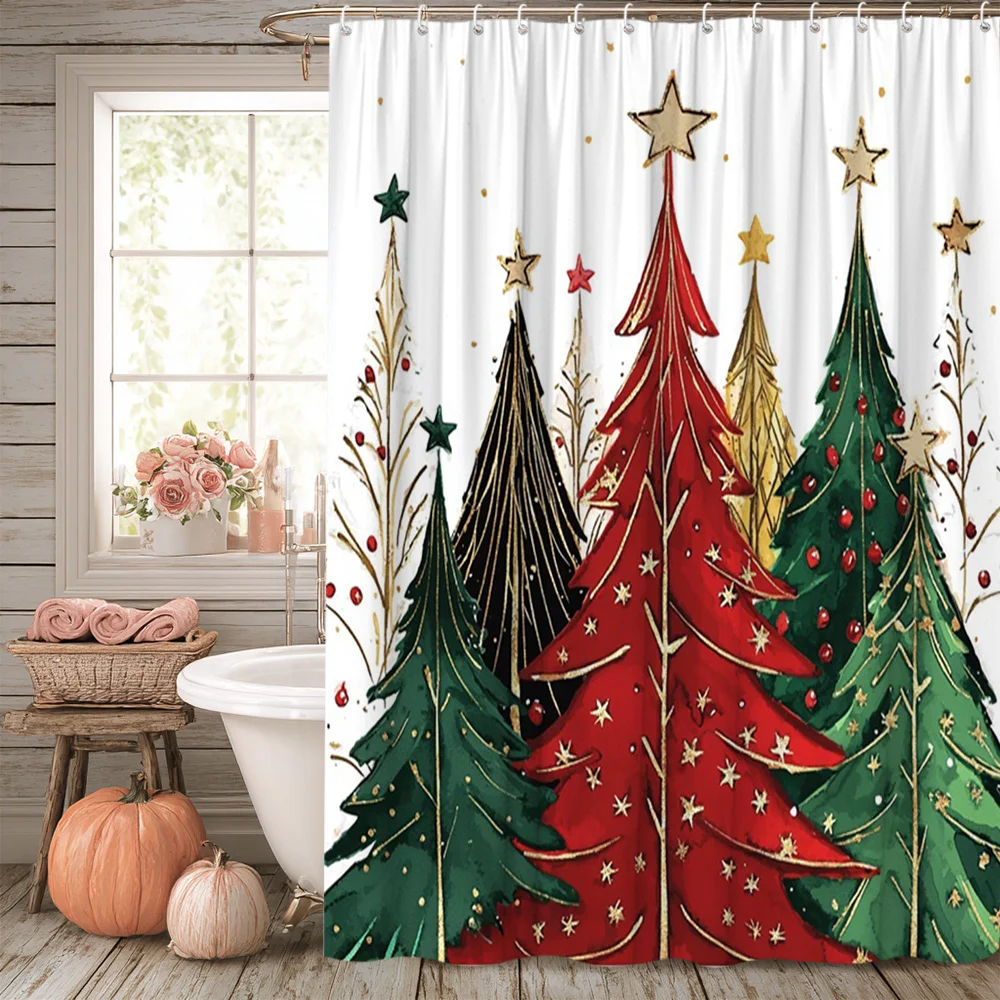 1pc Christmas Shower Curtain Red and Green Tree Design Holiday Bathroom Decor Bath Partition Curtain Set 70.8x70.8 Inch with 12