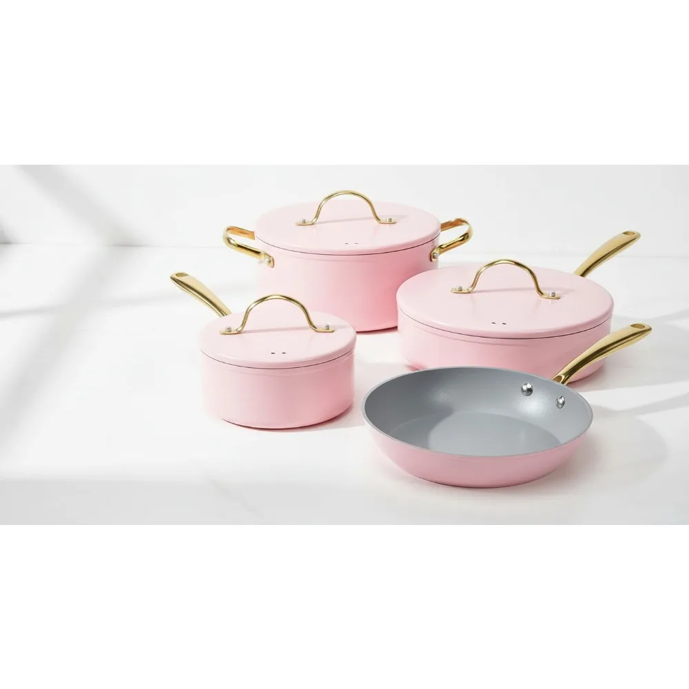 

Pink 10-Piece Nonstick Cookware Set, Multi-Layer Coating, Gold Handles, Dishwasher Safe for Modern Kitchens