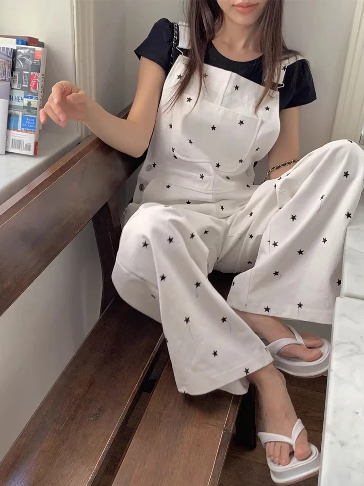 

Star Printing Jumpsuits for Women Square Collar High Waist Loose Overalls Korean Straight Wide Legs Loose Jump Suits