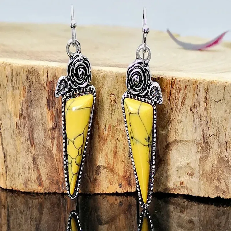 Vintage Square Yellow Zircon Inlaid Hook Earrings Ethnic Silver Color Metal Oval Paste Yellow Pattern Dangle Earrings