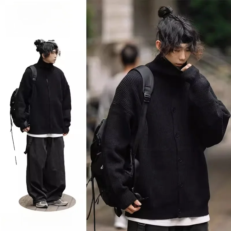 

Retro Japanese Sle Button-Up High Collar Sweater Men's Warm Couple Pure Color Simple Knitted irt College Sle Long Sve