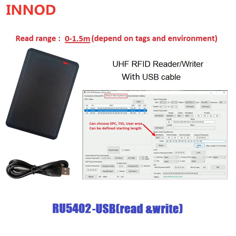 Imagem -03 - Gravador de Leitor Rfid Usb Uhf Alcance 01.5m Protocolo Iso18000 6c Desktop Sdk Gratuito Copiadora Uhf para Cartão Rfid Epc Gen2