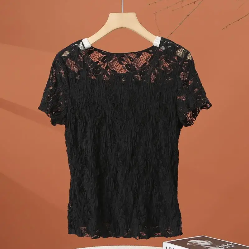 Lace Patchwork Hollow Out Solid Temperament Tops Summer New Women Clothes Short Sleeve Elegant All-match T Shirts Fashion Office