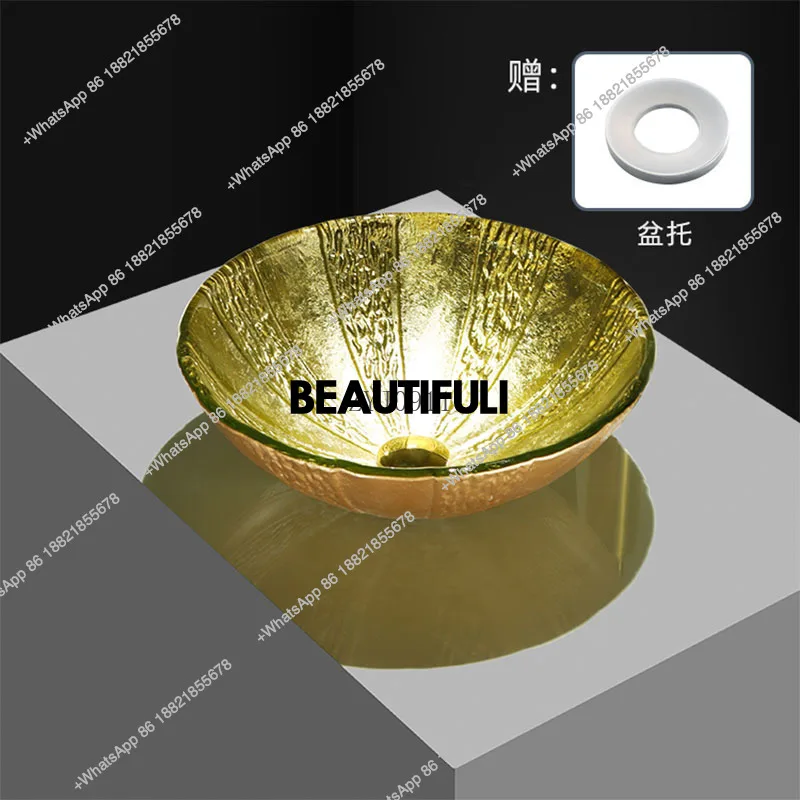 Bathroom Gold Sink Tempered Glass Washbasin Round Bowl Basin Hotel Luxury Countertop Art Basin Home Balcony Glossy Vessel Sink