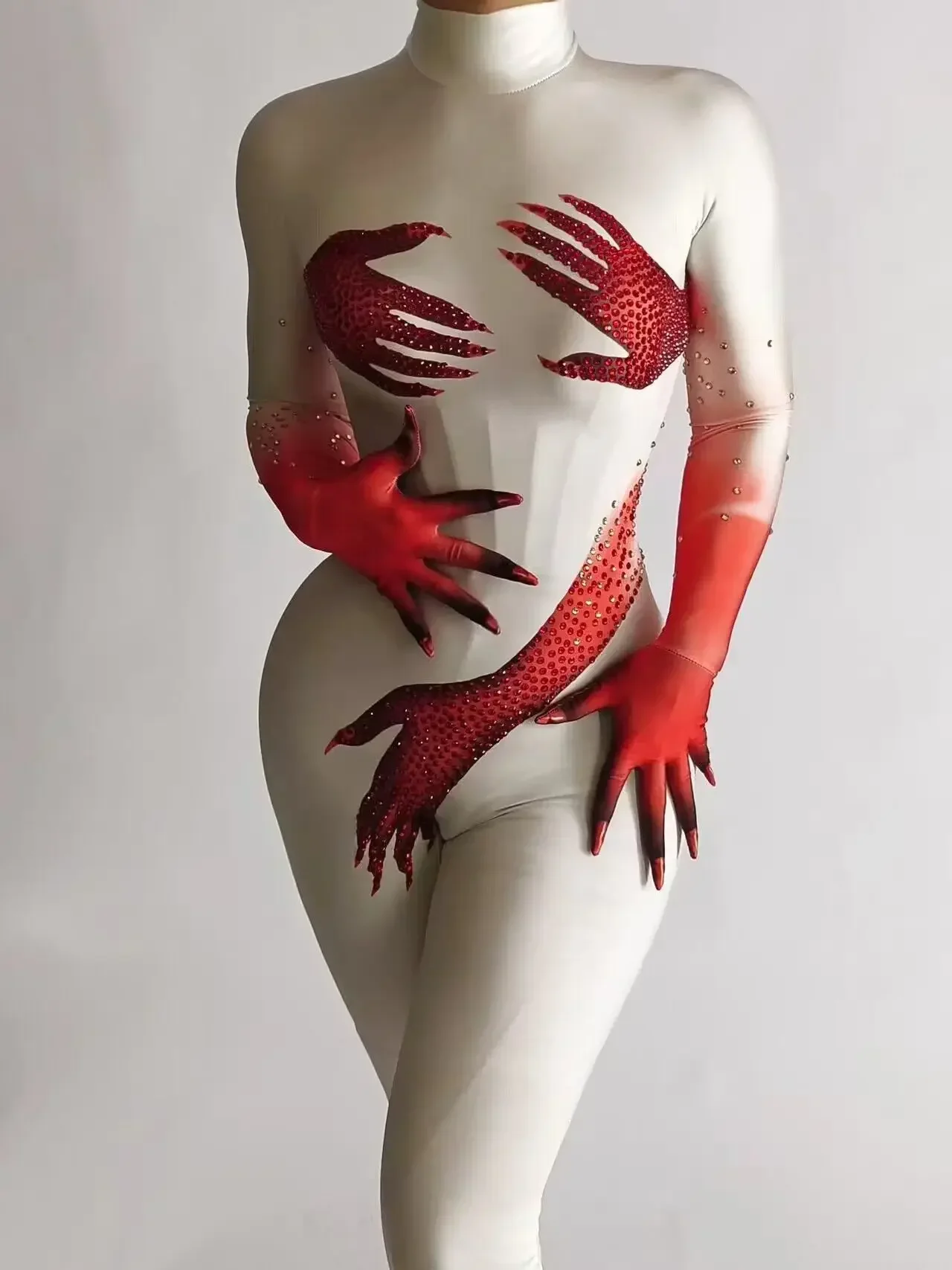 2025 Donne Festeggia Stage Wear Tute con strass rossi completi Drag Queen Outfit Festa di compleanno Costume Guanti Tute Heishou