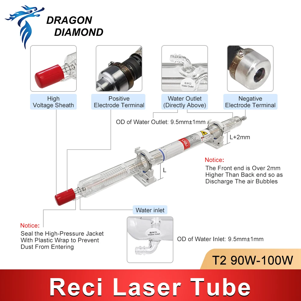 DRAGON DIAMOND Reci T-series T2 90W-100W CO2 Laser Tube Length 1250mm Dia.65mm for Laser Engraving Cutting Machine