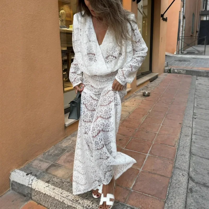 Women's Fashion Casual Set Spring New Sexy Deep V Lace See-through Top and Trousers Two-piece Fashionable Sexy Women's Clothing