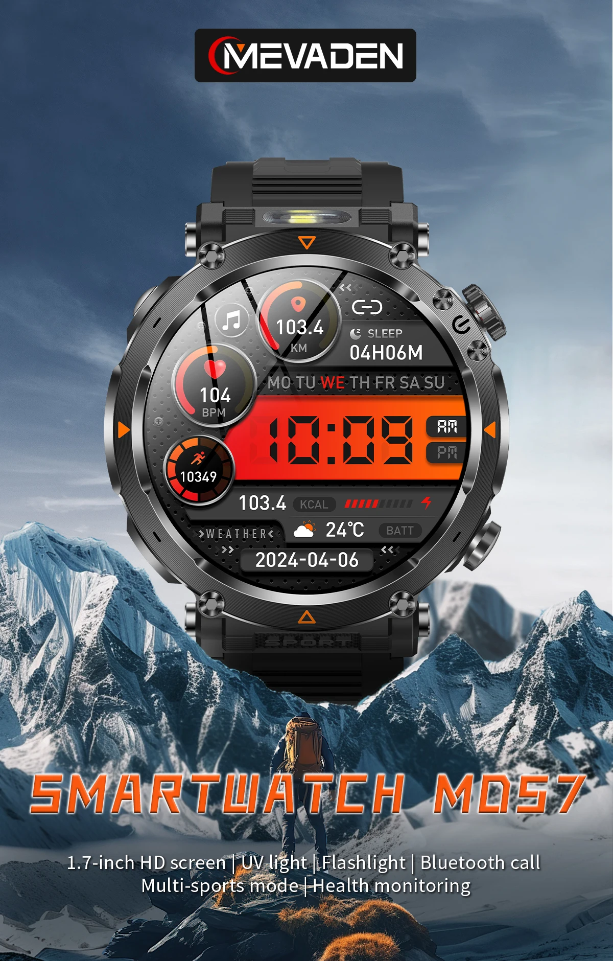 MEVADEN 1,7" großer Bildschirm Outdoor-Sportkompass Smart Watch Bluetooth Anruf Taschenlampe 600mAh Gesundheitsmonitor Smartwatch MD57 – Detail 1