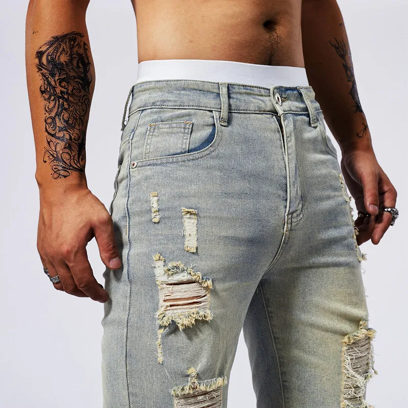 Vintage Denim Shorts Men\'s American Stretch Slim Jeans Fashion Ripped Streetwear Male Hole Frayed Short Pants Blue Black