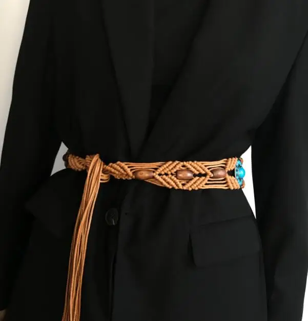 

Ethnic Style Women Waist Belt Beading Tassels Chinese Tibetan Weave