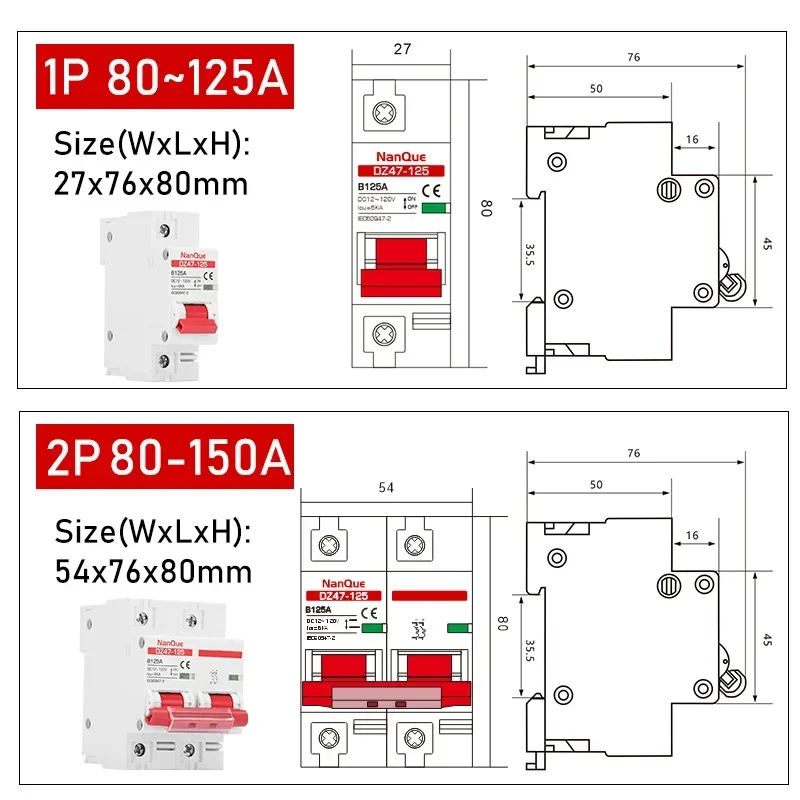 DC MCB 12V 24V 48V 60V 110V Circuit Breaker Battery Protect Switch Positive Negative Short Circuit 2P 10A 20A 50A 100A 125A 150A