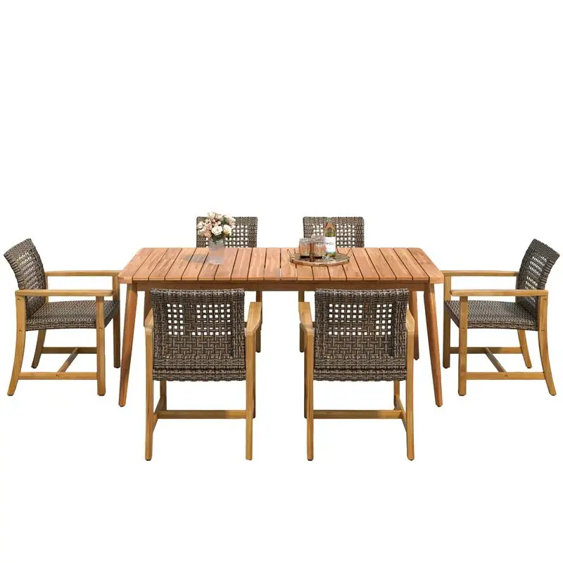 Conjunto de jantar de pátio de 7 peças com mesa de ripas de 72 polegadas e 6 cadeiras de madeira de acácia e vime PE para jantar de jardim ao ar livre