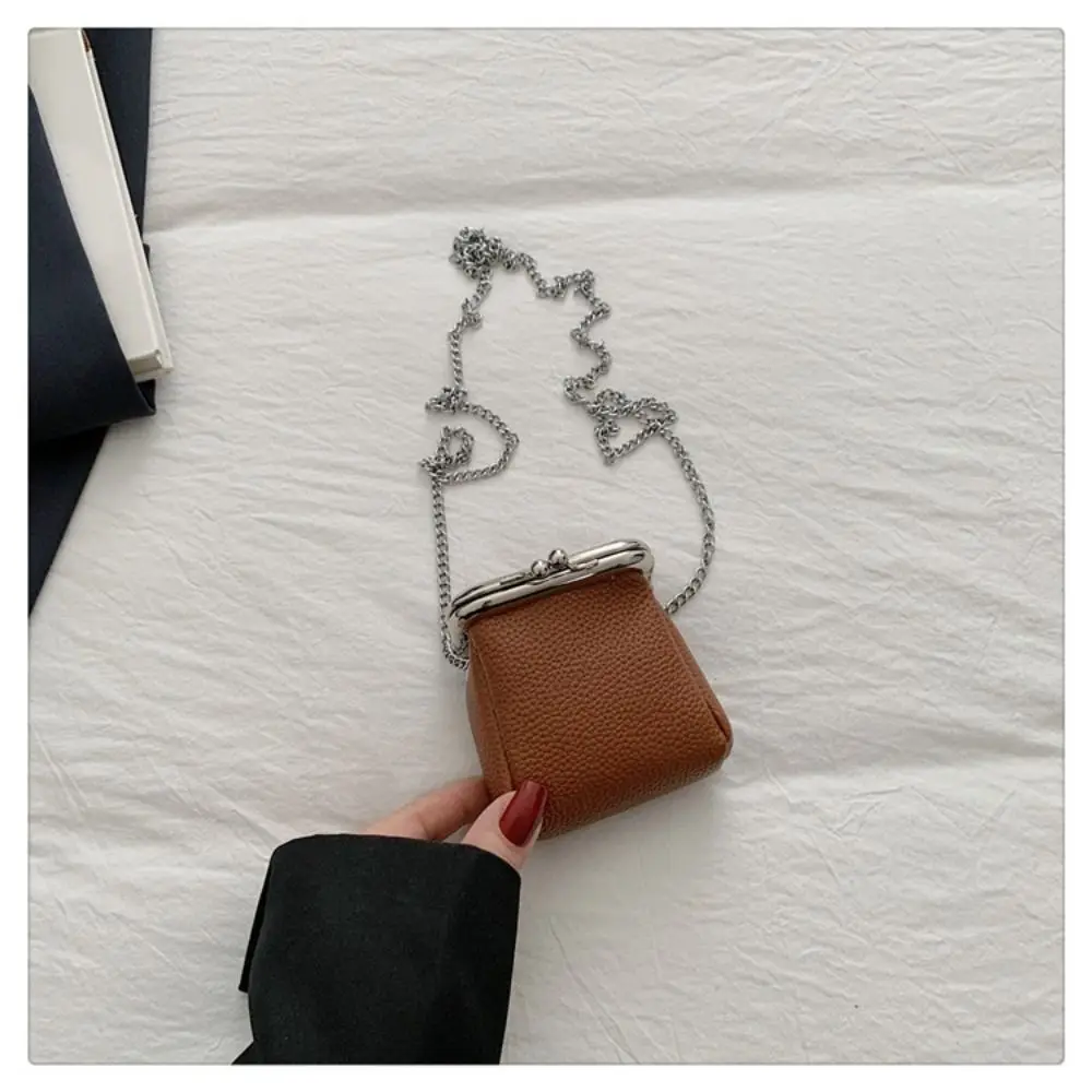 Vintage PU Leather Kiss Lock Coin Purse Vintage Frame Clasp Portable Mini Sling Purse Chain Strap Crossbody Bag For Women