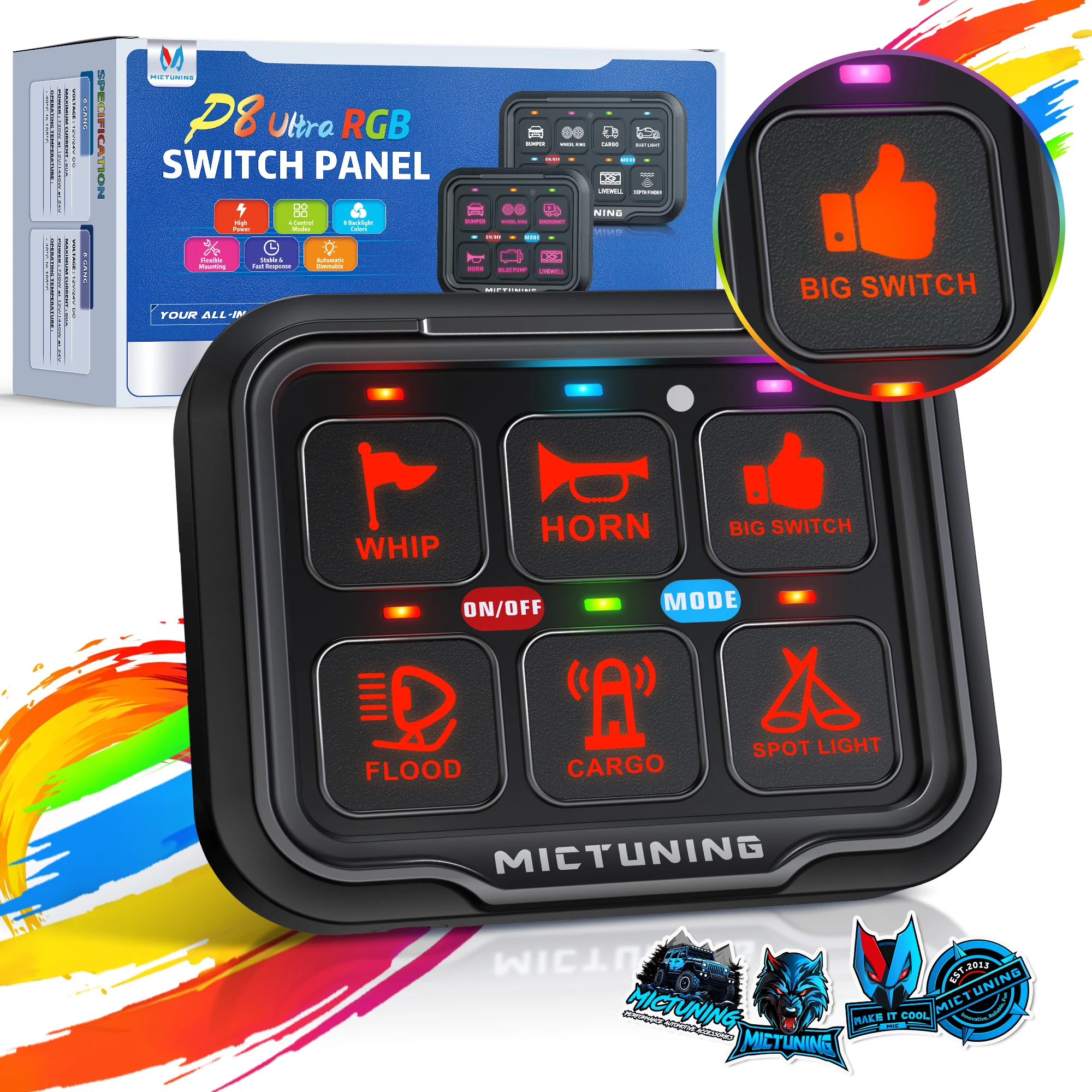 

MICTUNING RGB 6 Gang Switch Panel 12V 24V LED Backlight with Automatic Dimmable On-Off for Car Pickup Truck UTV ATV Boat