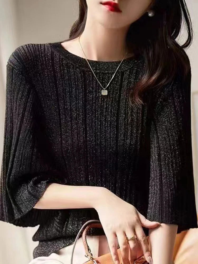 

Korean Sle Comfortable Mid-Sve Knitted Top Women's Pullover Summer Base Layer irt Breathable Casual Faion Commute