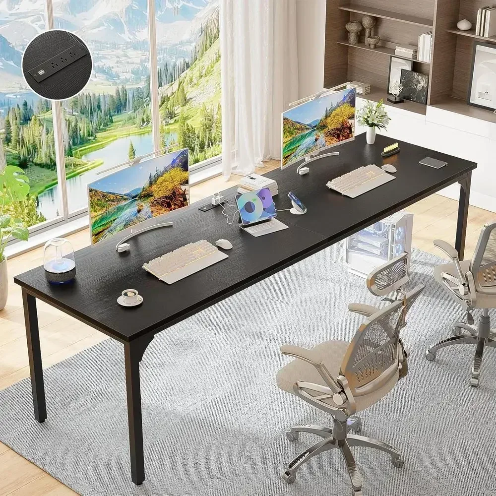 78.7 Dual-Person Office Desk with Power Outlet, Spacious Home Computer Workstation, Sleek Black Study Table