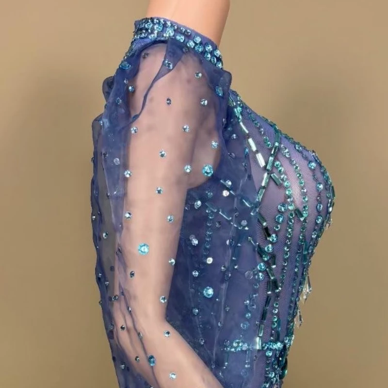 ประสิทธิภาพสีฟ้า Rhinestone แขนฟองชุดไนท์คลับปาร์ตี้ Vestido De Fiesta Grad Kleider สําหรับรองรับ