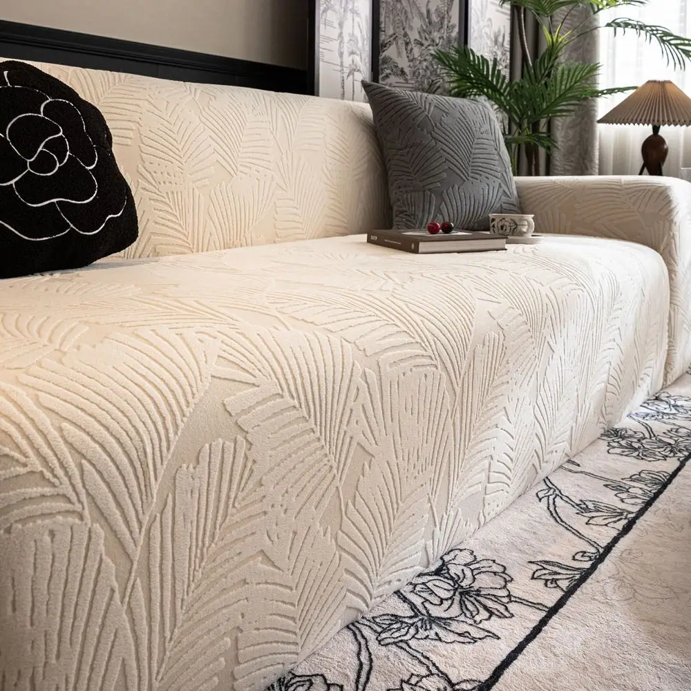 

New Velvet Sofa Cover Elastic Edging Large Leaves Pattern Sofa Protector Solid Color Washable Couch Slipcover Interior Decor