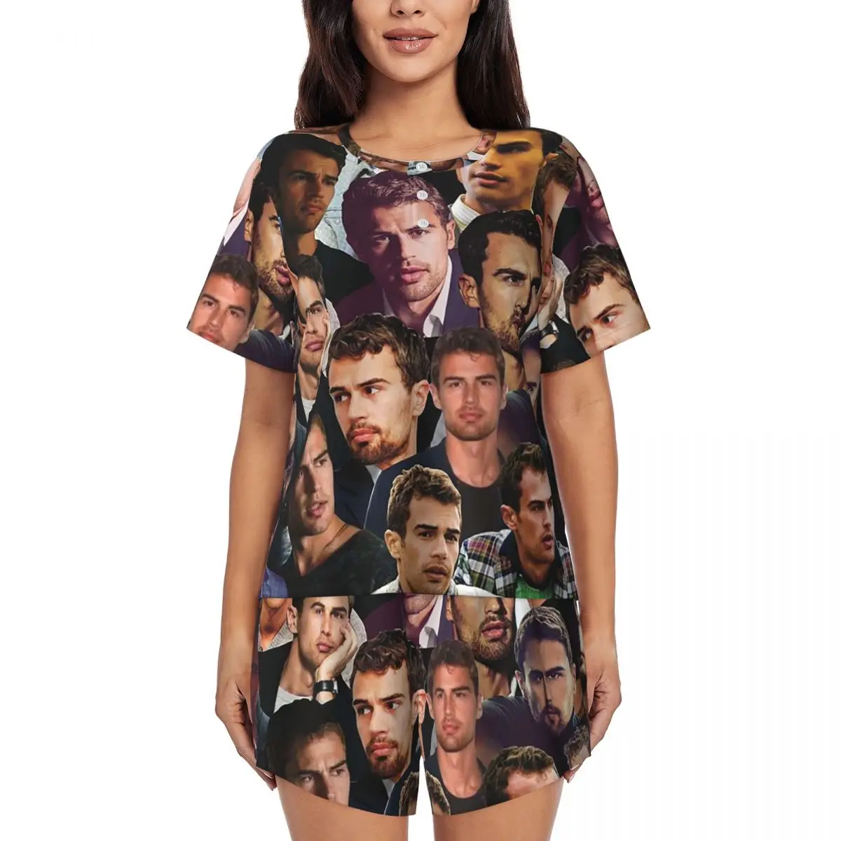 

Ночные рубашки с круглым вырезом и короткими рукавами с фотоколлажем Тео Джеймса, женские мягкие пижамные комплекты с короткими штанами