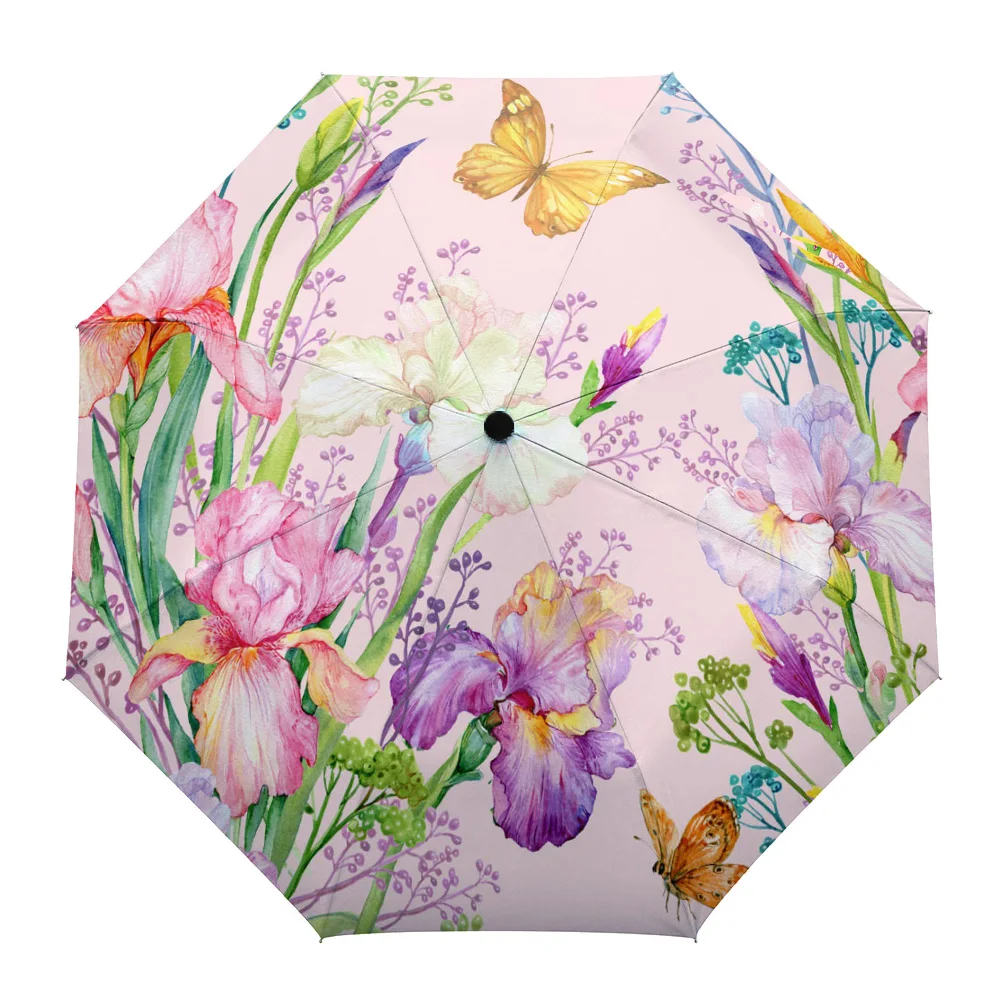 Red Flowers Butterfly Green Leaves Plant Custom Automatic Umbrellas for Women Male Windproof Folding Rain Umbrella Parasol