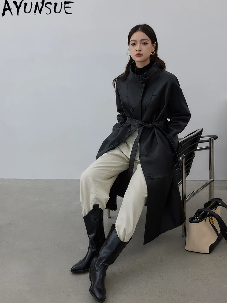 سترة من الجلد الحقيقي الراقية من AYUNSUE للنساء 2025 معاطف من فراء جلد الغنم الطبيعي ملابس شتوية دافئة للسيدات طراز طويل شوبانا Жenskয়া #3