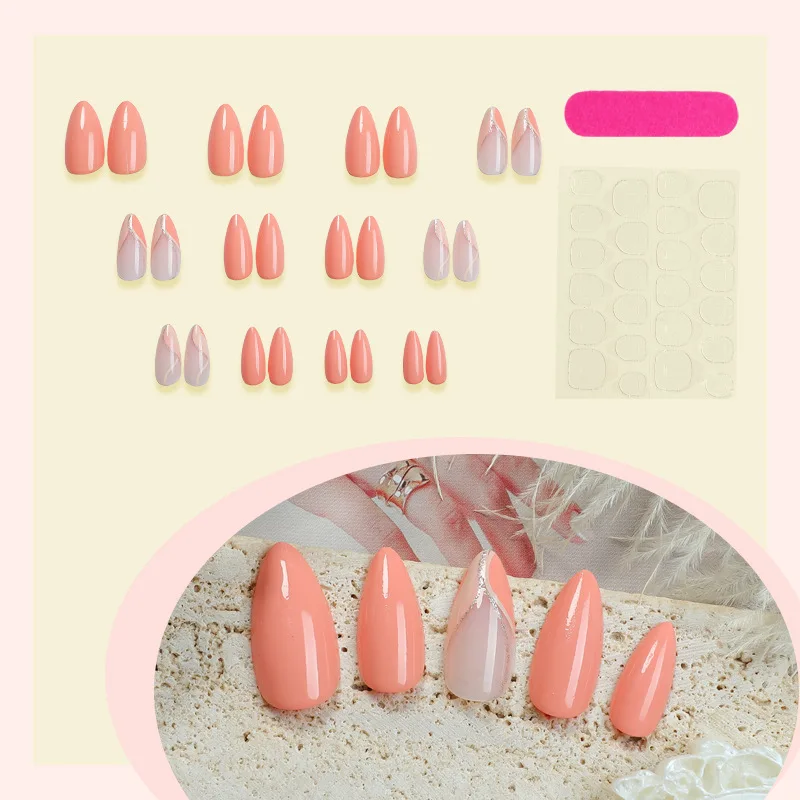 24 Stück künstliche Nägel, zweifarbig, mandelförmig, gestreift, Puder-Finish, rein sinnlicher Stil, zum Aufdrücken der Nägel, ideal als Geschenk für Damen