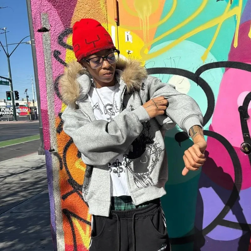 خمر الهيب هوب صورة نمط رسالة الصوف الاصطناعي هوديي العصرية الشارع عارضة زوجين سستة البلوز فضفاضة سترة بسيطة