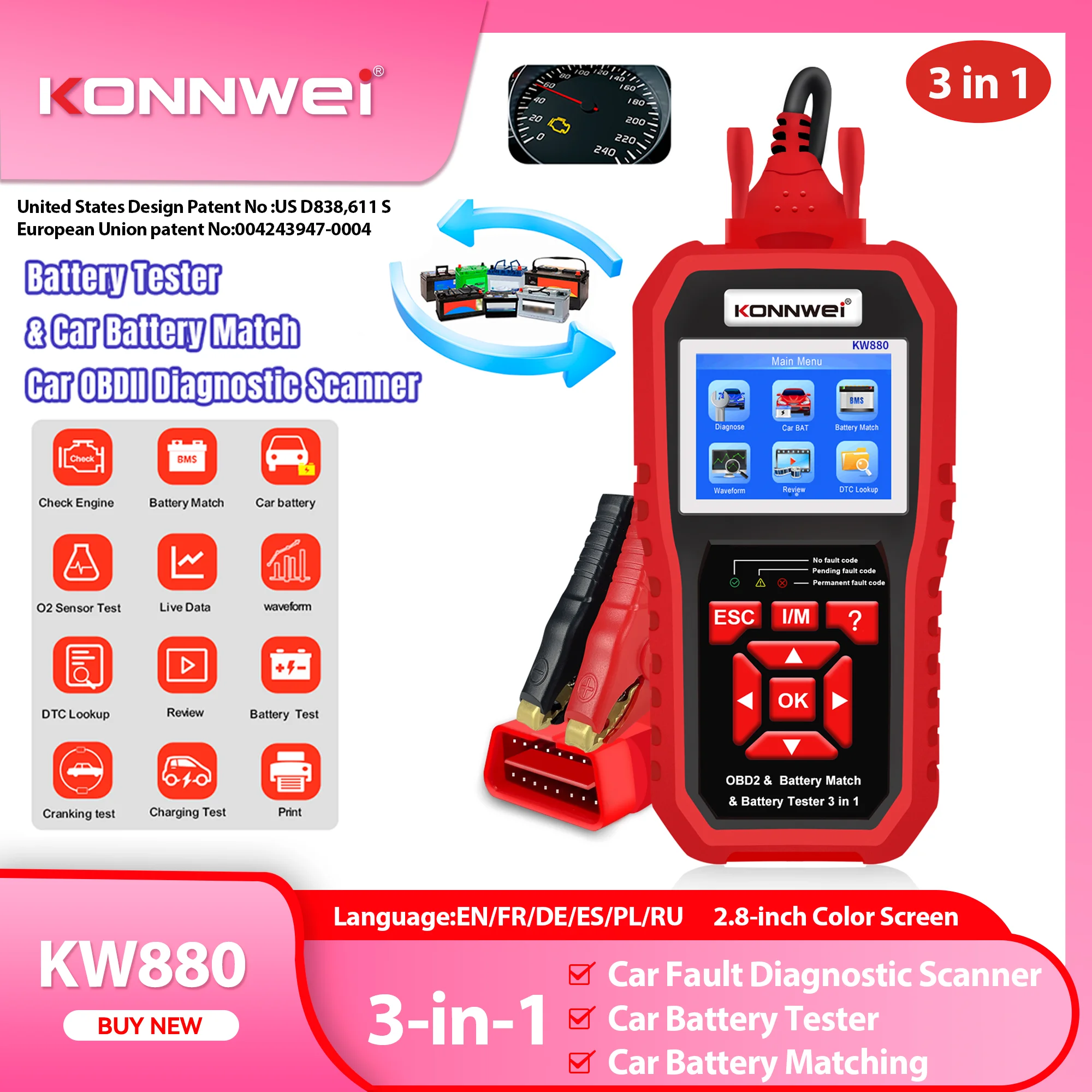 

2026 KONNWEI KW880 Car 3 in 1 Full OBD2 Function Battery Tester Analizer Auto Diagnostic Tool 12V Battery Match Car OBD2 Scanner