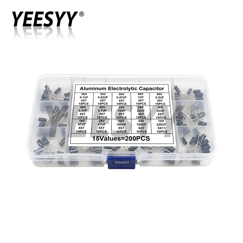 Kit surtido de condensadores electrolíticos de 200 piezas, caja de capacitancia de aluminio, 15 valores, 0,1 UF-220UF, 10V, 16V, 25V, 50V, 100UF, 47UF, 22UF, 10UF