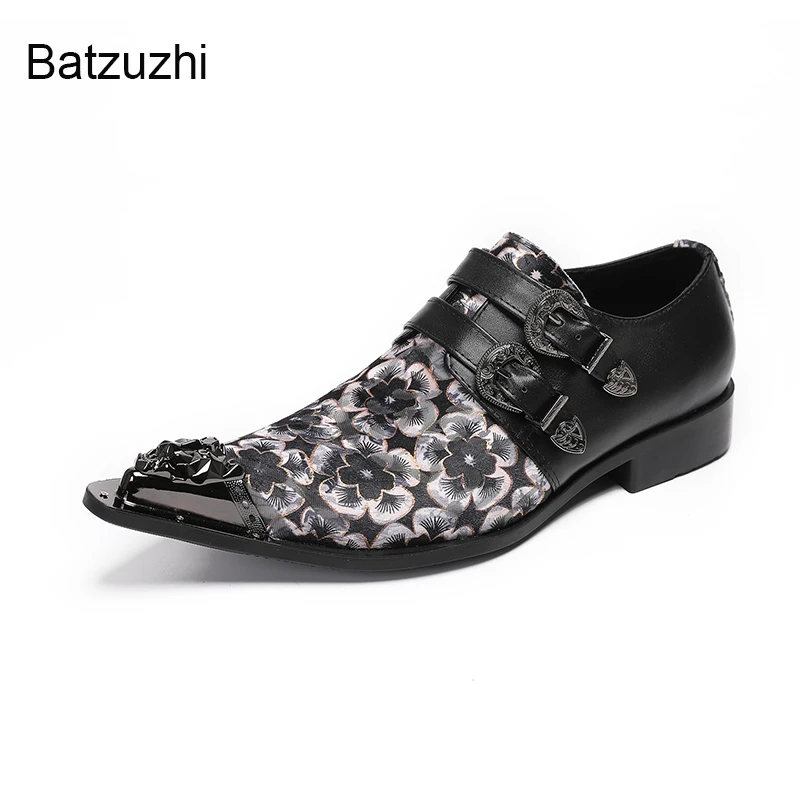 Batzuzhi Brand New Men's Oxfords Pointed Toe Flowers Print Men Genuine Leather Dress Shoes Slip on Party and Wedding Footwear!