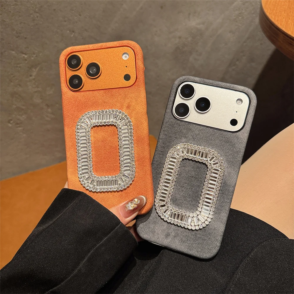 

Fashion Luxury Diamond Crystal Square Phone Case for iPhone 17 Pro Max Girly Jeans Denim Fabric Cover for iPhone 16 15 14 13
